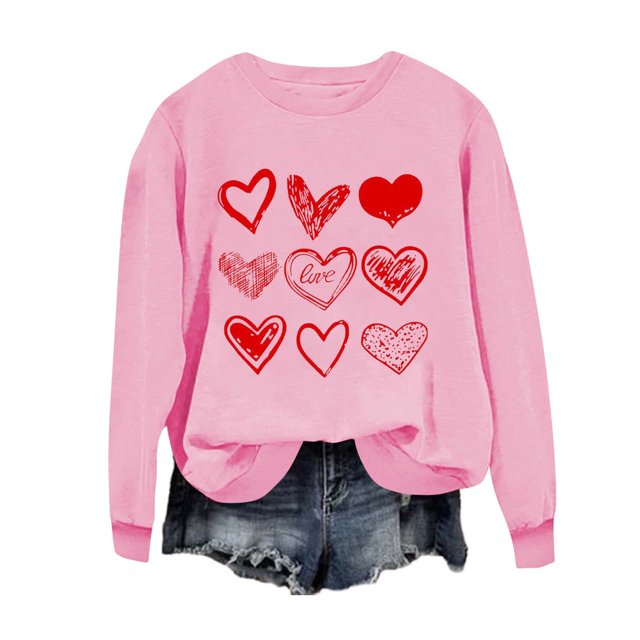 FUNUONY Chandails en Molleton pour Femmes Mode Décontractée Imprimé Saint-Valentin Col Rond Sans Capuche Manches Longues Rose TTG