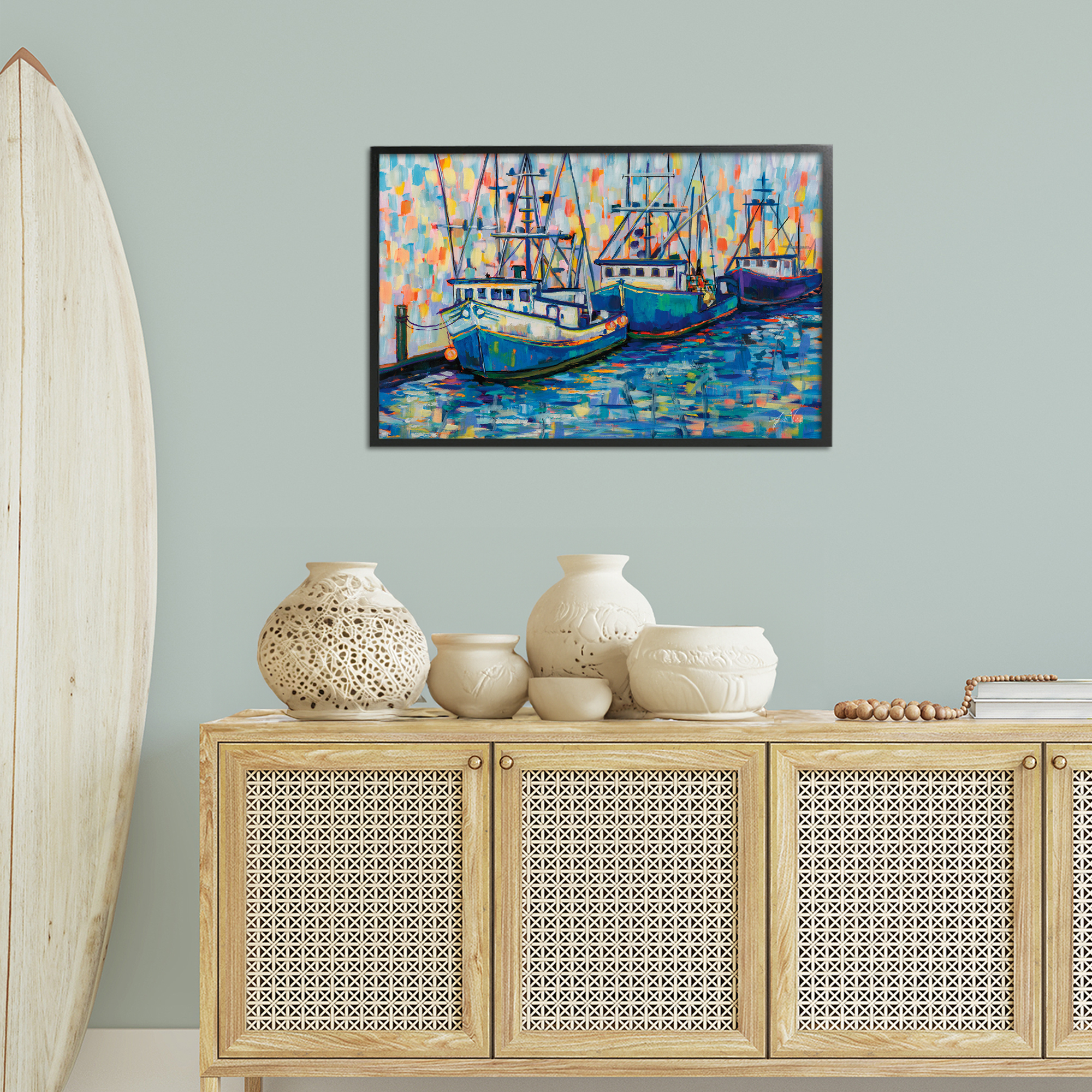 Stupell Industries Vivid Boats in Harbor Transportation Painting Black Framed Art Print Wall Art, 30 x 20