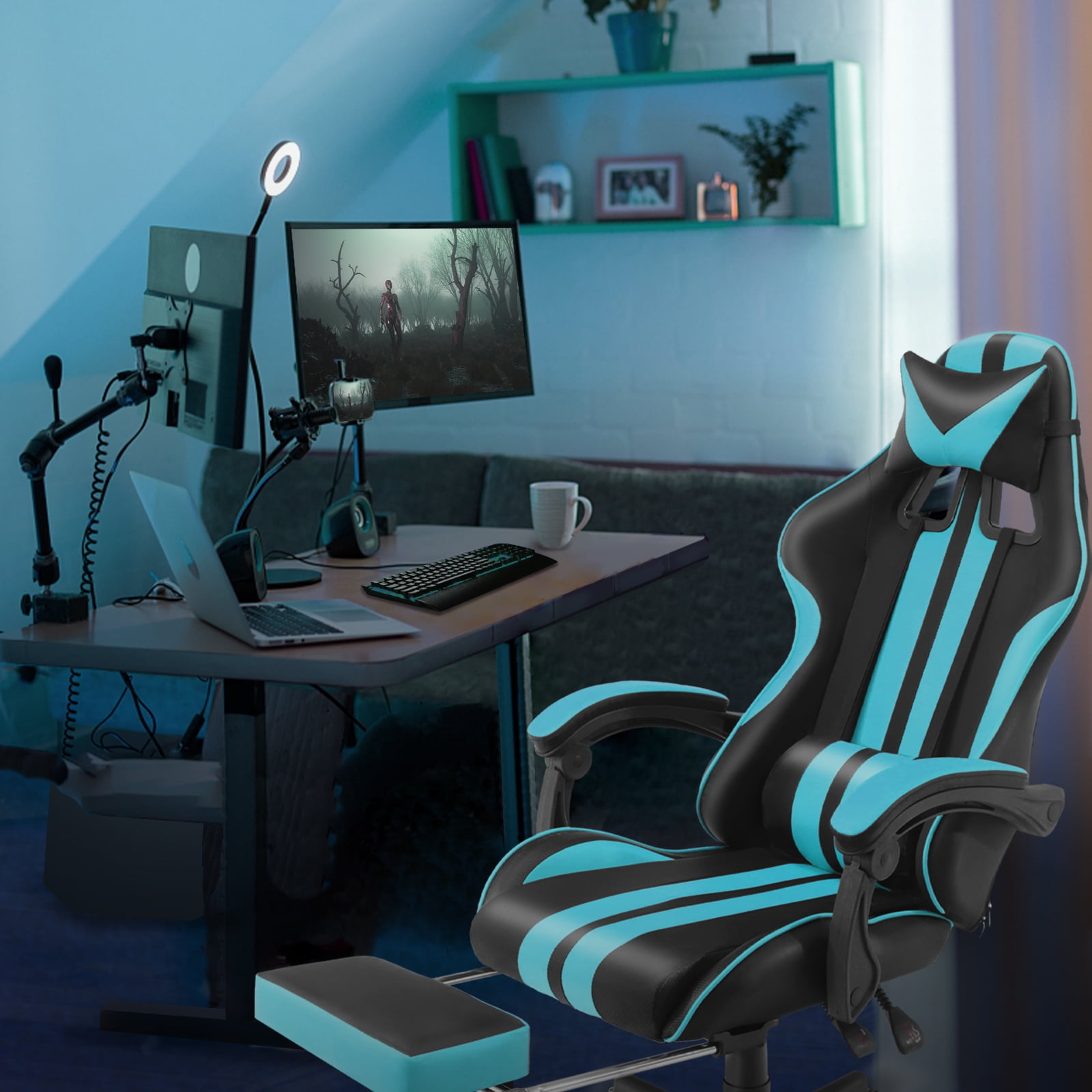 Luxvie Gaming Chair with Footrest High Back Computer Office Gamer Chair with Massage and Headrest Lumbar Support Swivel Seat Ergonomic Game Chair for Adults, NavyBlue