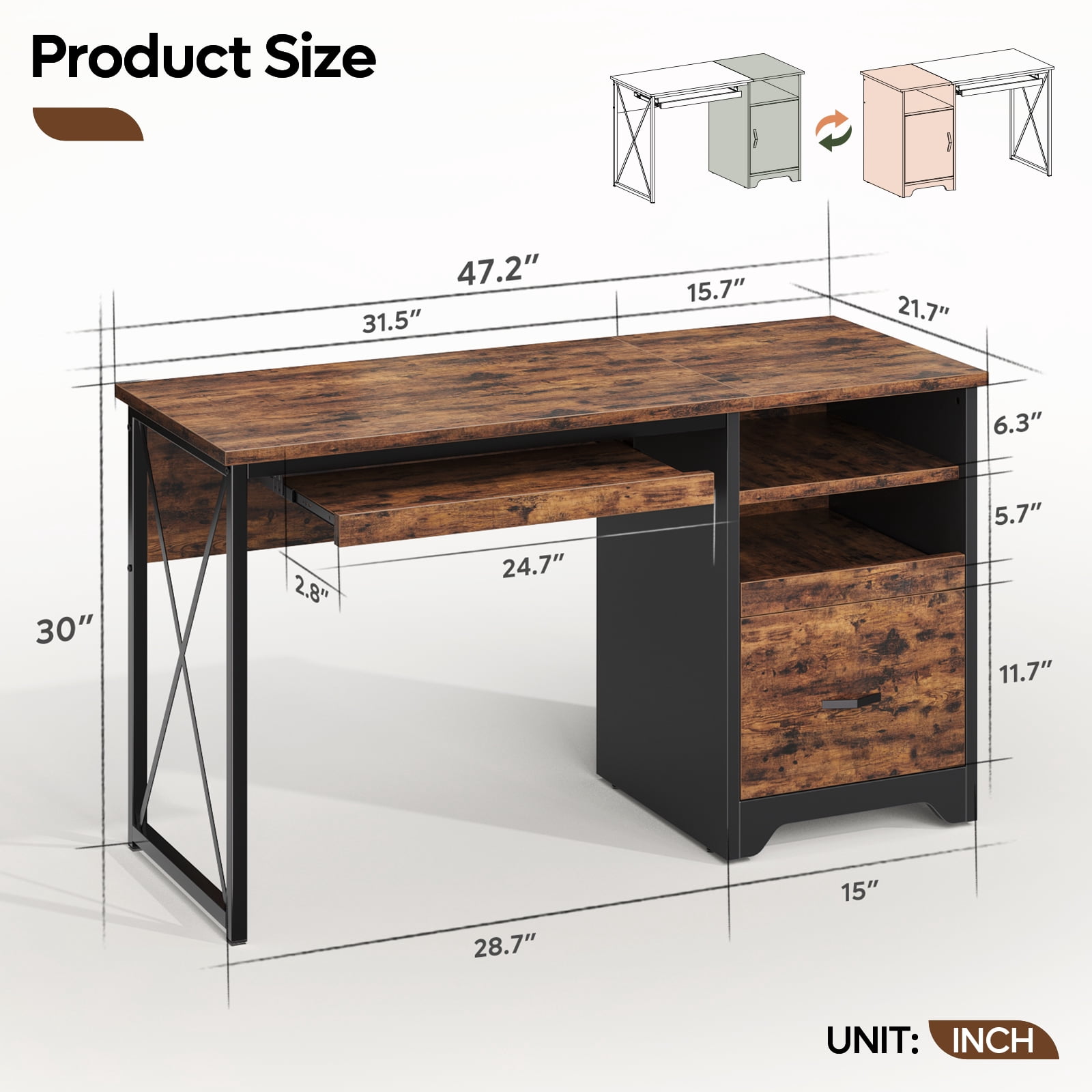 Bestier 47 inch Computer Desk with Storage File Drawer & Keyboard Tray, Home Office Writing Desk Work Study Table for Small Space, Rustic Brown