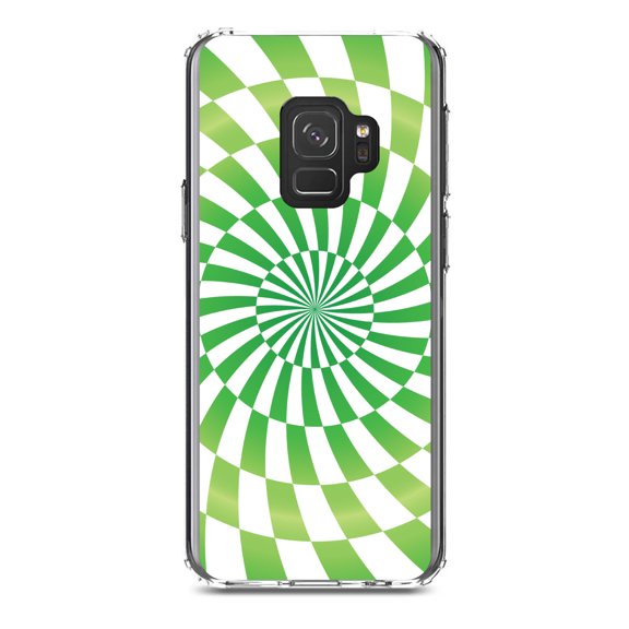 DistinctInk Clear Shockproof Hybrid Case for Samsung Galaxy S9 (5.8" Screen) - TPU Bumper, Acrylic Back, Tempered Glass Screen Protector - Green White Swirl Geometric