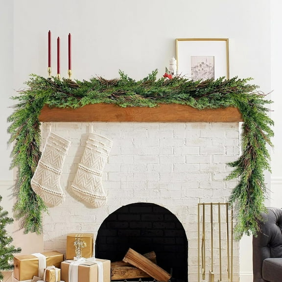 Guvpev 6FT Artificial Cedar Christmas Garland with Pine Needles, Realistic Faux Winter Cedar Greenery Garland for Fireplace, Mantel, Staircase, Holiday, Indoor Outdoor Christmas Decorations