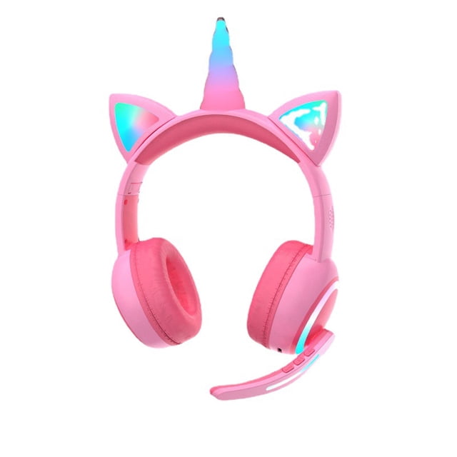 Auriculares Unicorn Kids para niñas, niños, adolescentes, auriculares inalámbricos Bluetooth para niños con diadema ajustable, auriculares en la oreja con micrófono/luz LED (rosa) TUNC Sencillez