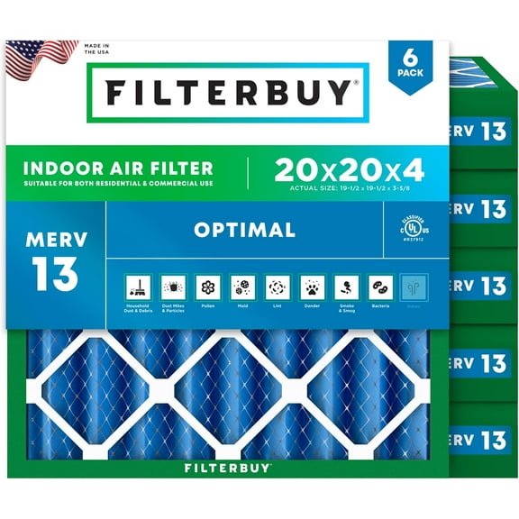Filterbuy 20x20x4 MERV 13 Health Defense, Pleated HVAC AC Furnace Air Filters (6-Pack)