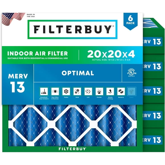 Filterbuy 20x20x4 MERV 13 Pleated HVAC AC Furnace Air Filters (6-Pack)