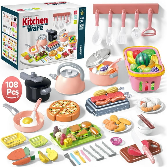 Huge Wave 108Pcs Kids Pretend Play Kitchen Accessories Set, Toddlers Kitchen Pretend Play Toys, with Pots and Pans, Cookware Toys, Food Cooking Playset for Girls and Boys Age 3-8
