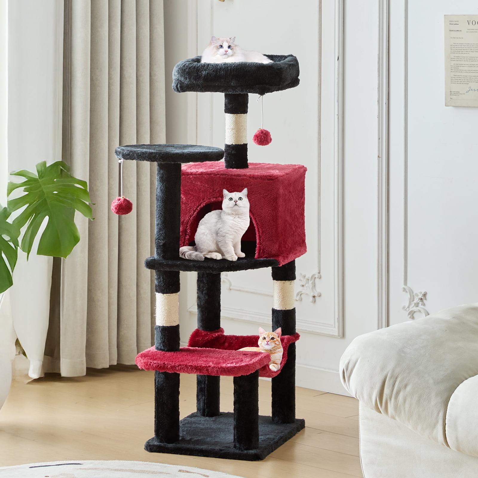 JIOABL 44" Multi-Level Cat Tree Tower with Hammock, Condo, Climbing Plates, Plush Toy, Kitty Playing House, Black Red