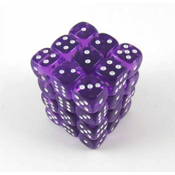 Purple Transparent Deluxe Dice with White Pips D6 12mm (1/2in) Pack of 36 Koplow Games