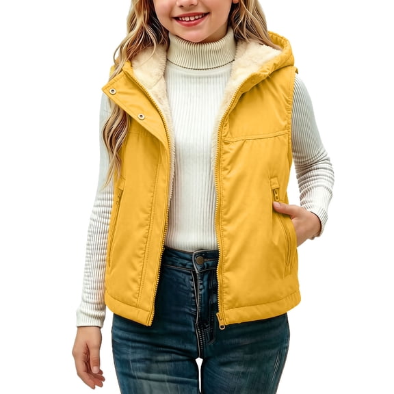 xaoyunyn Fleece Lined Puffer Vest for Girl Winter Thickened Warm Solid Color Sleeveless Hooded Jacket with Pockets 1-12 Years