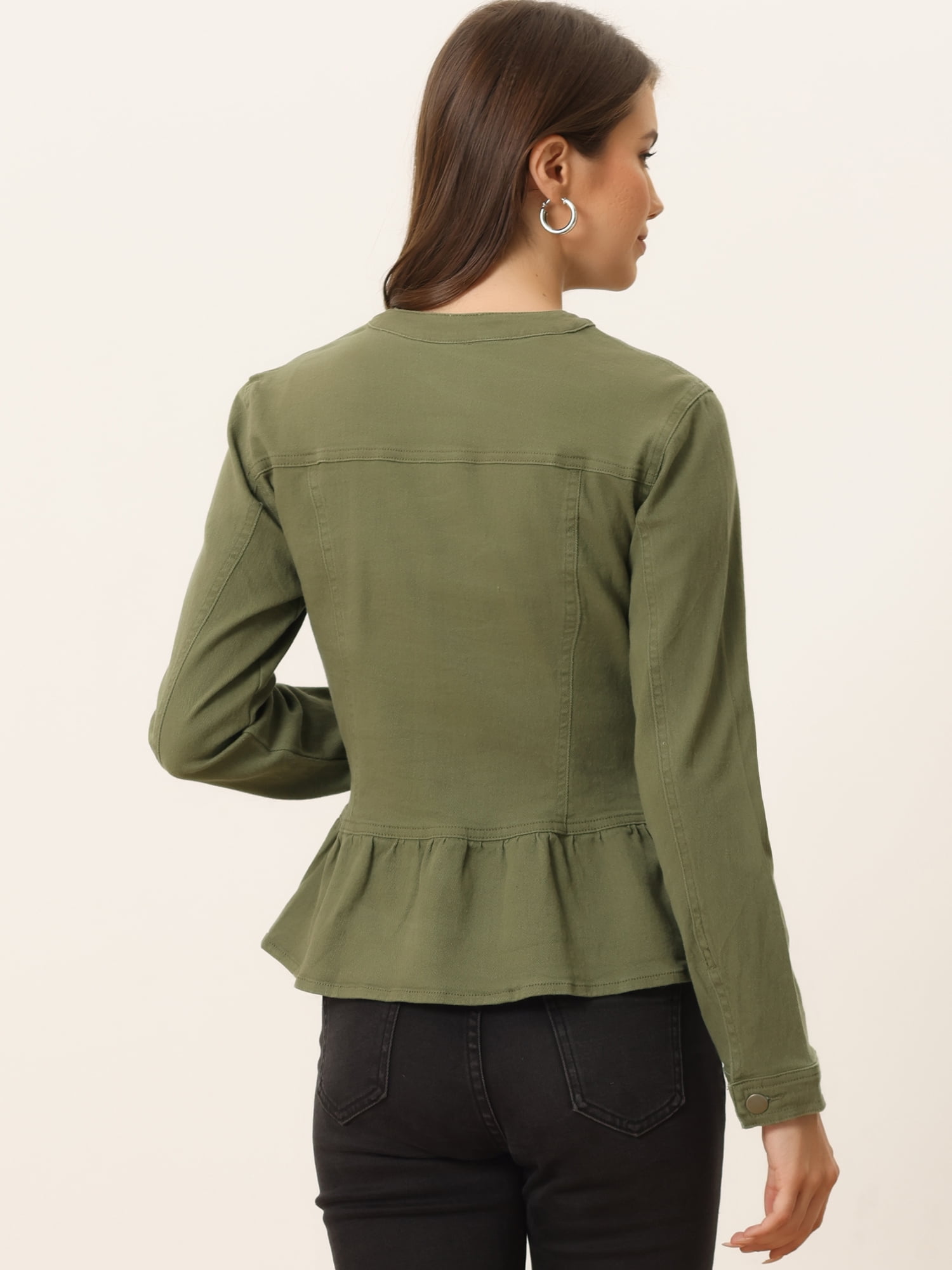 DARING DIVA Women's Button Down Cropped Ruffle Hem Denim Jacket L Army Green