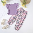 thumbnail image 2 of mgoYE Toddler Baby Girl Clothes Short Sleeve Ruffle Shirt Floral Pant Set 2 Piece Outfits for Girls Cute Clothing Set(Purple,9-12 Months), 2 of 3