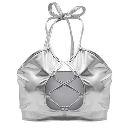 

NEGJ Women s Shiny Bra Rave Bandeau Vest Bra Holographic Crop Top Backless Metallic Rave Suit