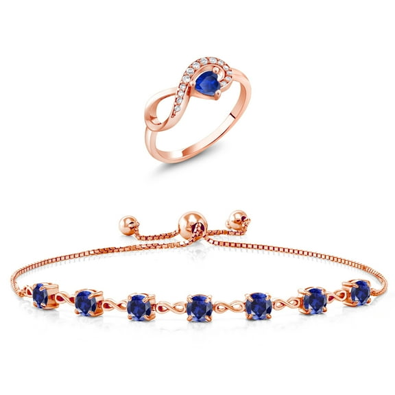 Gem Stone King 18K Rose Gold Plated Silver Blue Created Sapphire Ring and Bracelet Jewelry Set for Women | 3.12 Cttw | Gemstone September Birthstone | Heart Shape 4MM | Round 4.5MM | Size 5