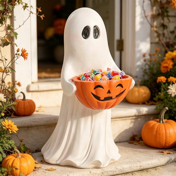 Halloween Decorations Clearance Halloween Ghost Statue with Pumpkin Candy Bowl, 11.81 Inch Outdoor Ghost Figurine, Halloween Candy Holder Decoration for Porch Yard Patio Indoor Decor