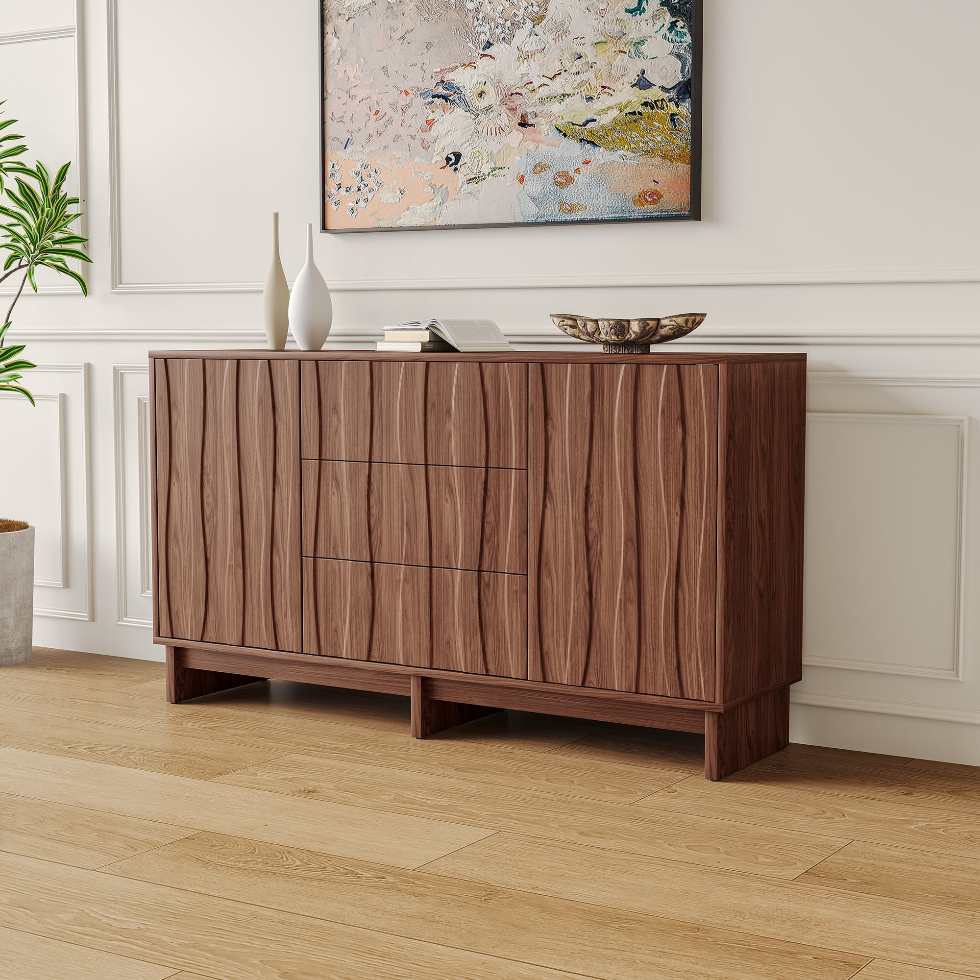 Leumius 47.2" Buffet Sideboard with 2 Doors and 3 Drawers, Walnut Finish with Stripe Grain Texture, Farmhouse Storage Cabinet for Dining Room Living Room Hallway