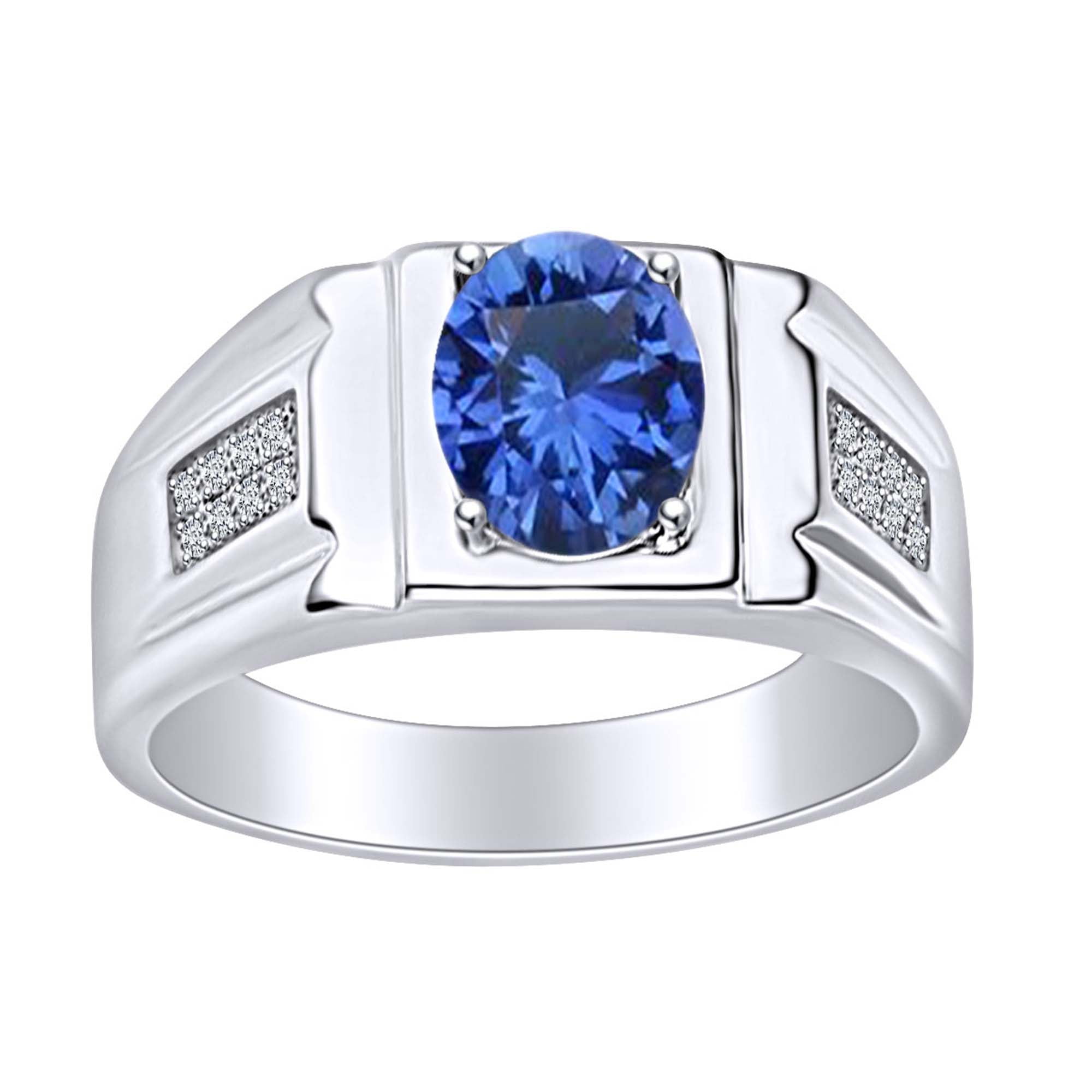 TVS-JEWELS 925 Sterling Silver Prong Set Round Cut Blue Sapphire Anniversary Wedding Band Ring Mens
