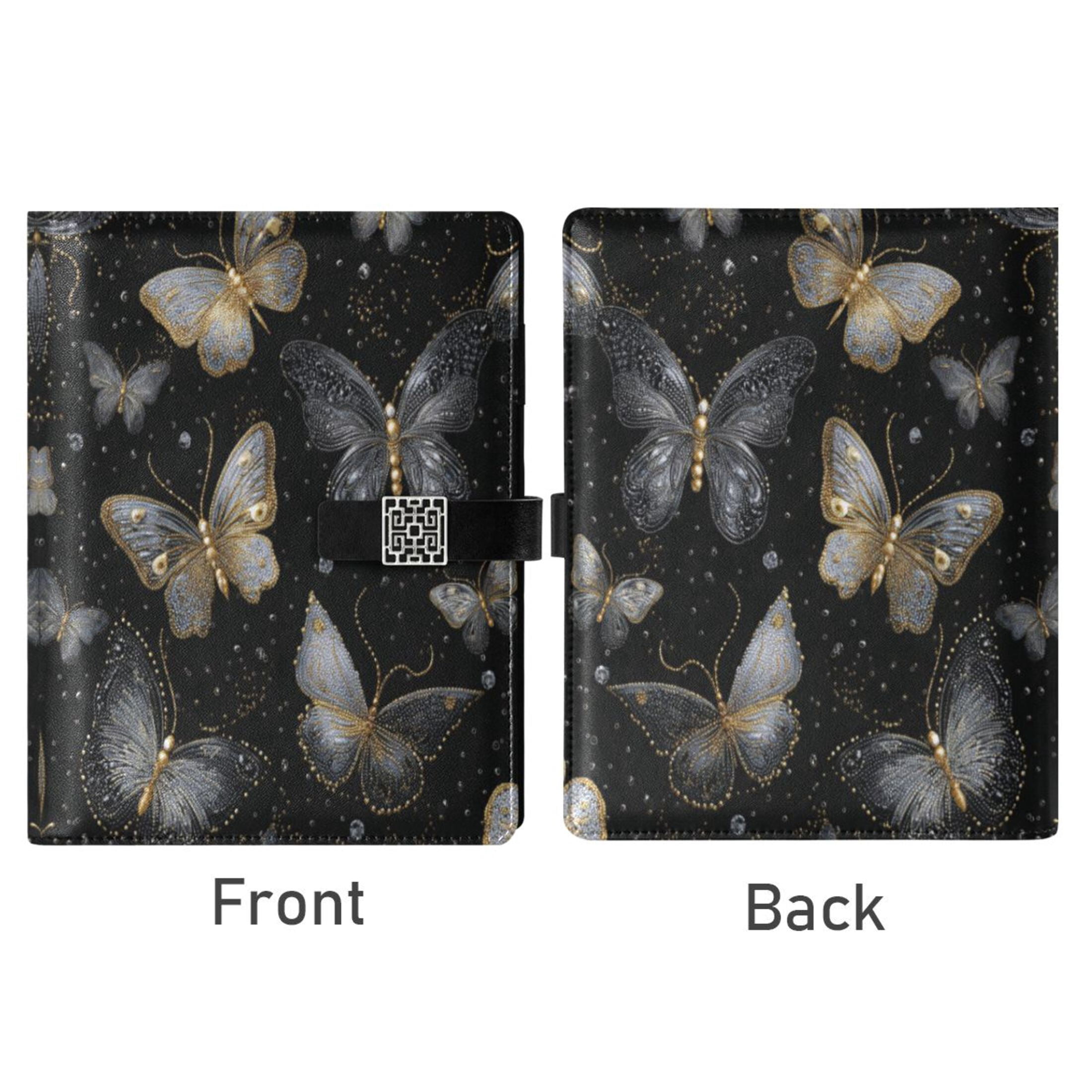 Leather Planner Leather Notebook Notebook Journal Binder Design Pen Pocket Design Convenient for Storage Black and Gold Butterflies