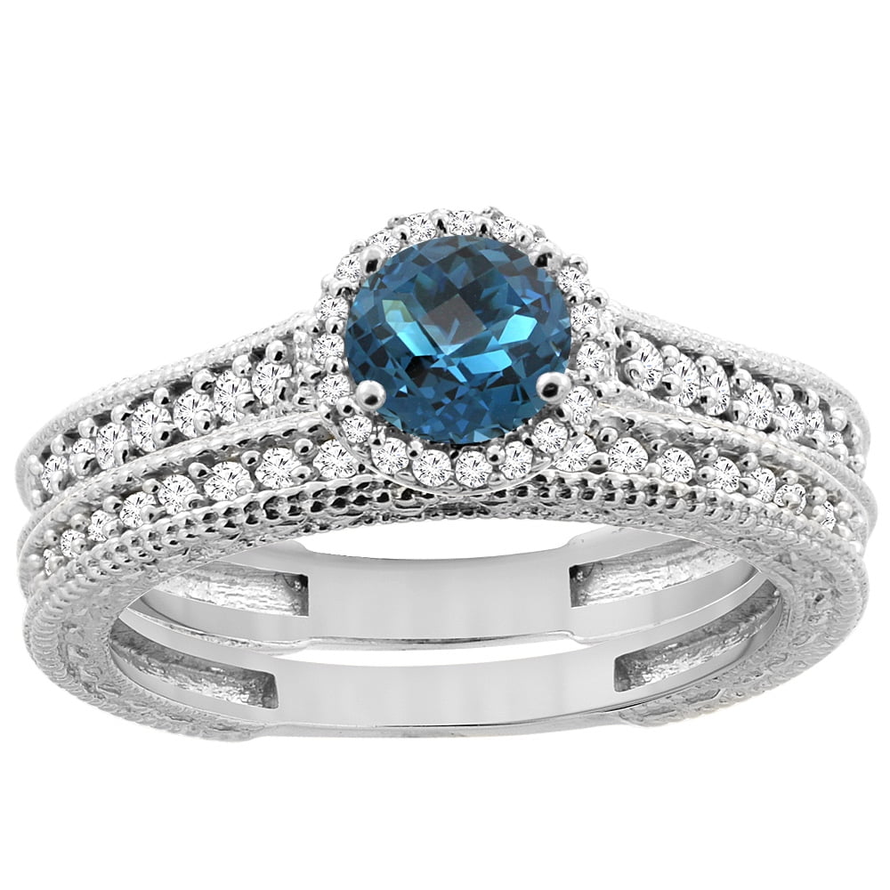 14K White Gold Natural London Blue Topaz Round 5mm Engagement Ring 2-piece Set Diamond Accents, size 6 by Gabriella Gold
