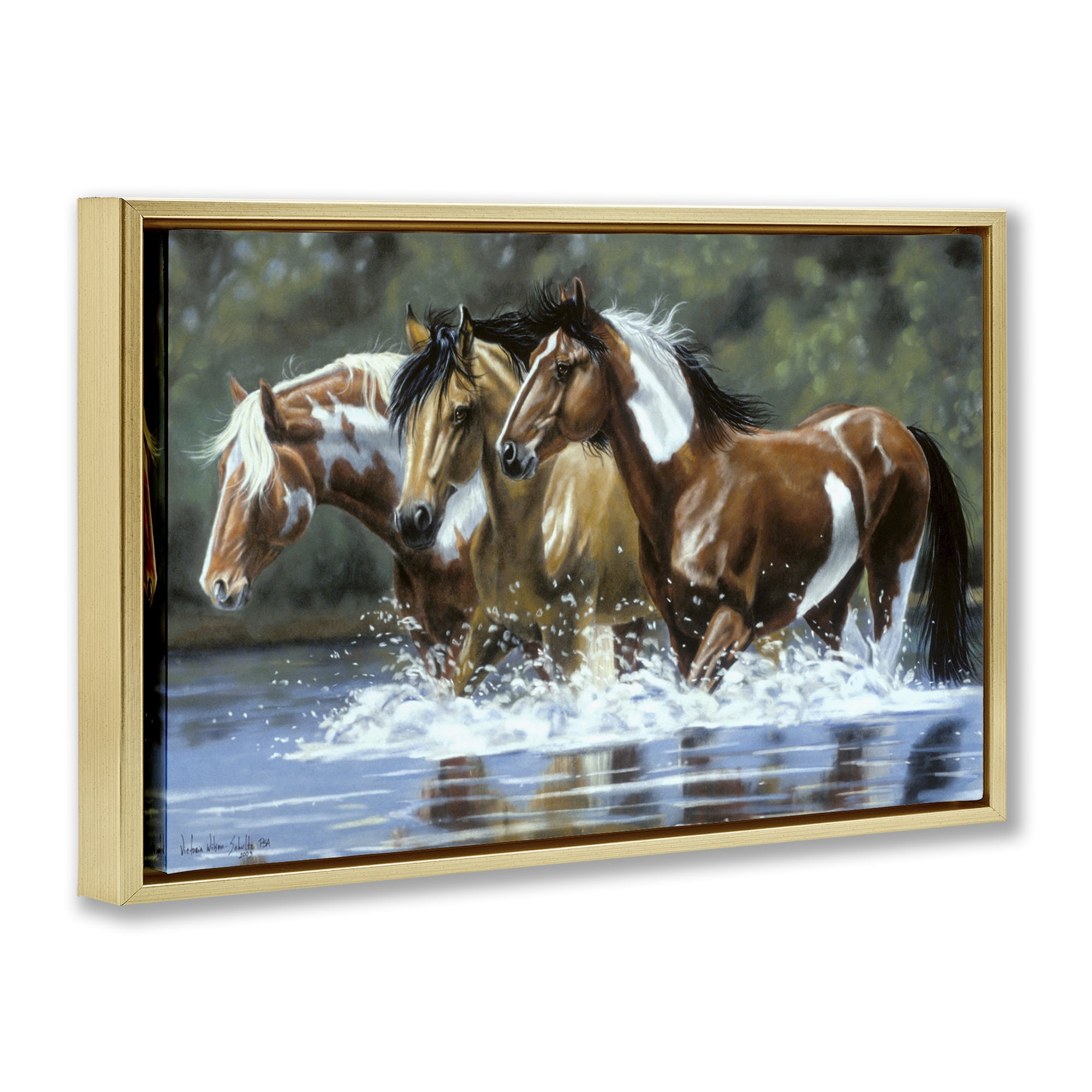 Stupell Industries Heading Upstream Horses Animals & Insects Painting Gold Floater Framed Canvas Art Print Wall Art, 25 x 17