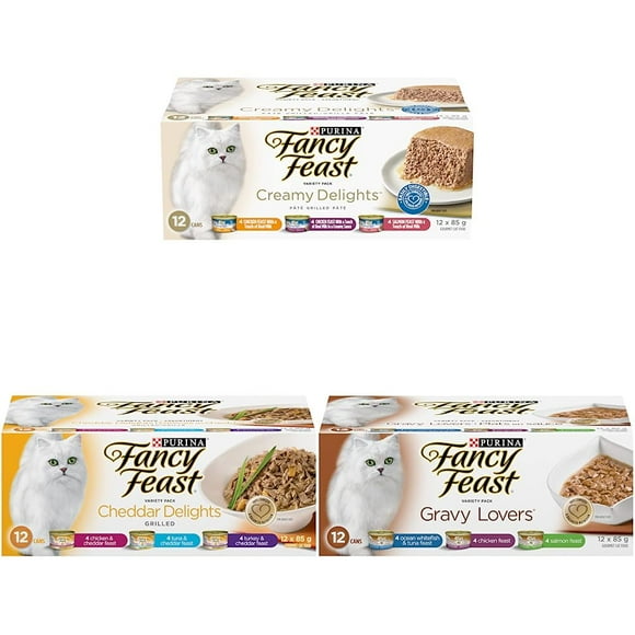 Fancy Feast Wet Cat Food, Creamy Delights Variety Pack 85g &amp; Fancy Feast Wet Cat Food, Cheddar Delights Grilled Variety &amp; Fancy Feast Wet Cat Food, Gravy Lovers Variety Pack 85 g