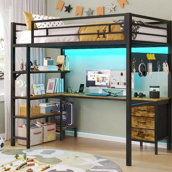 Twin Metal Loft Bed with Desk & LED Lights & Charging Station,Twin Size Loft Bed with Fabric Drawers & Storage Shelves, 13.4" H Safety Guard, No Box Spring Needed, Vintage Brown