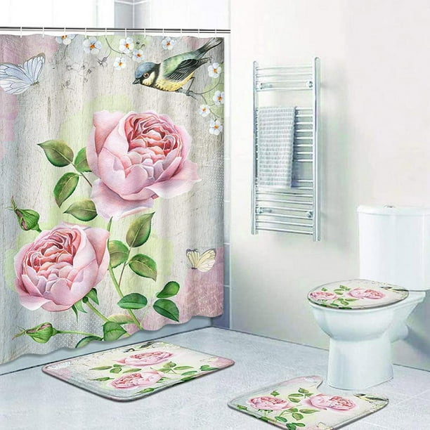 4 Pcs Farmhouse Shower Curtain Set Green Leaves Bathroom Decor Bathroom