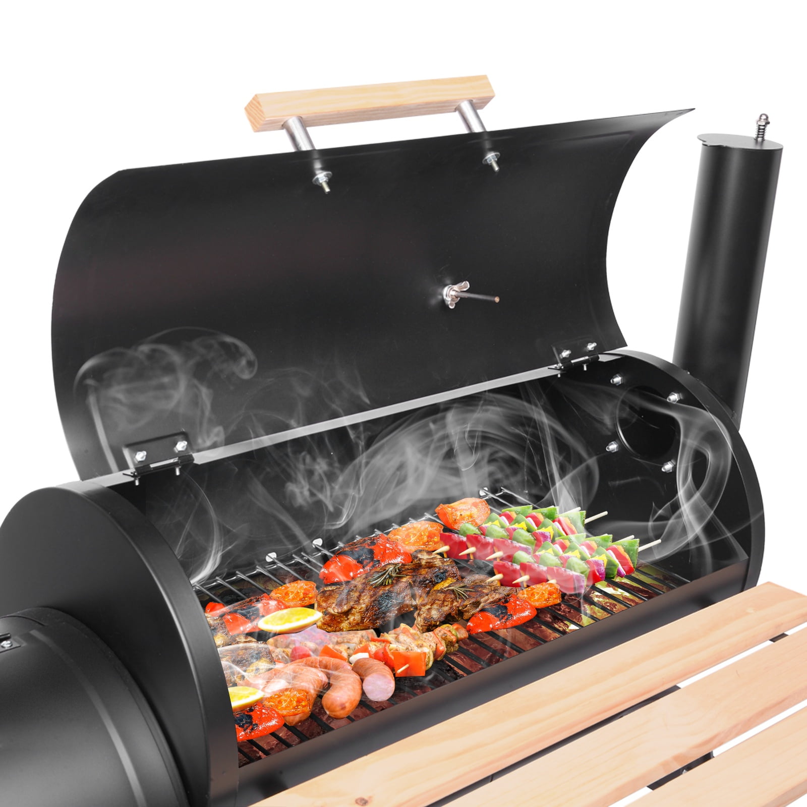 ENYOPRO Charcoal Grill,Outdoor BBQ Smoker Grill,Offset Smoker & Side Fire Box,with Thermometer,Wheels & Wooden Shelf for Backyard Patio Cooking