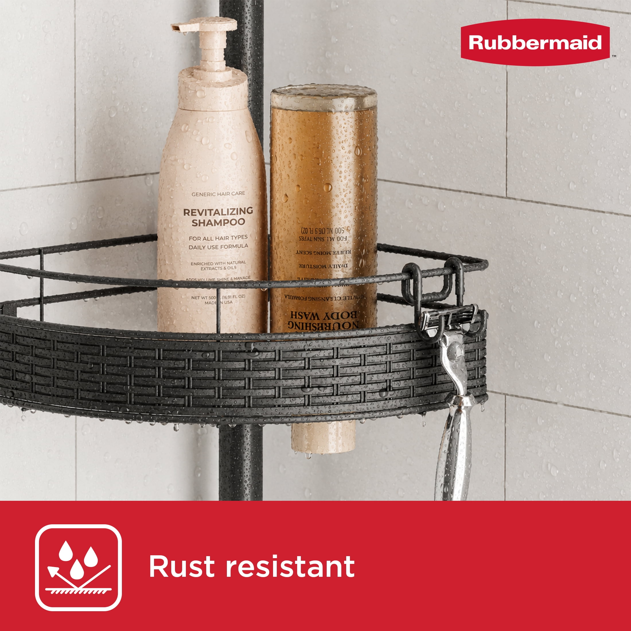 Rubbermaid 3-Tier Steel Tension Pole Mount Shower Caddy with Soap Tray, Black