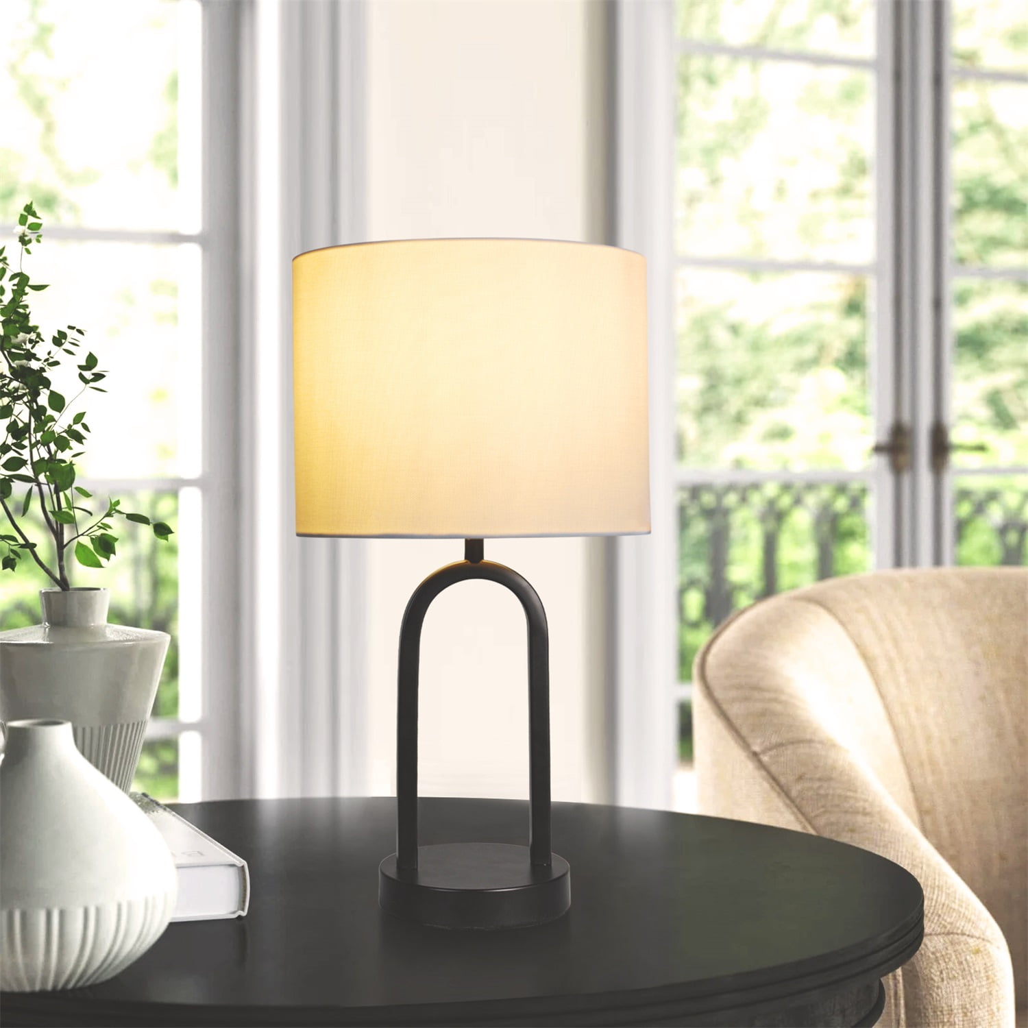 Mainstays 16.75"H Metal Black Arch Table Lamp with White Fabric Lamp Shade