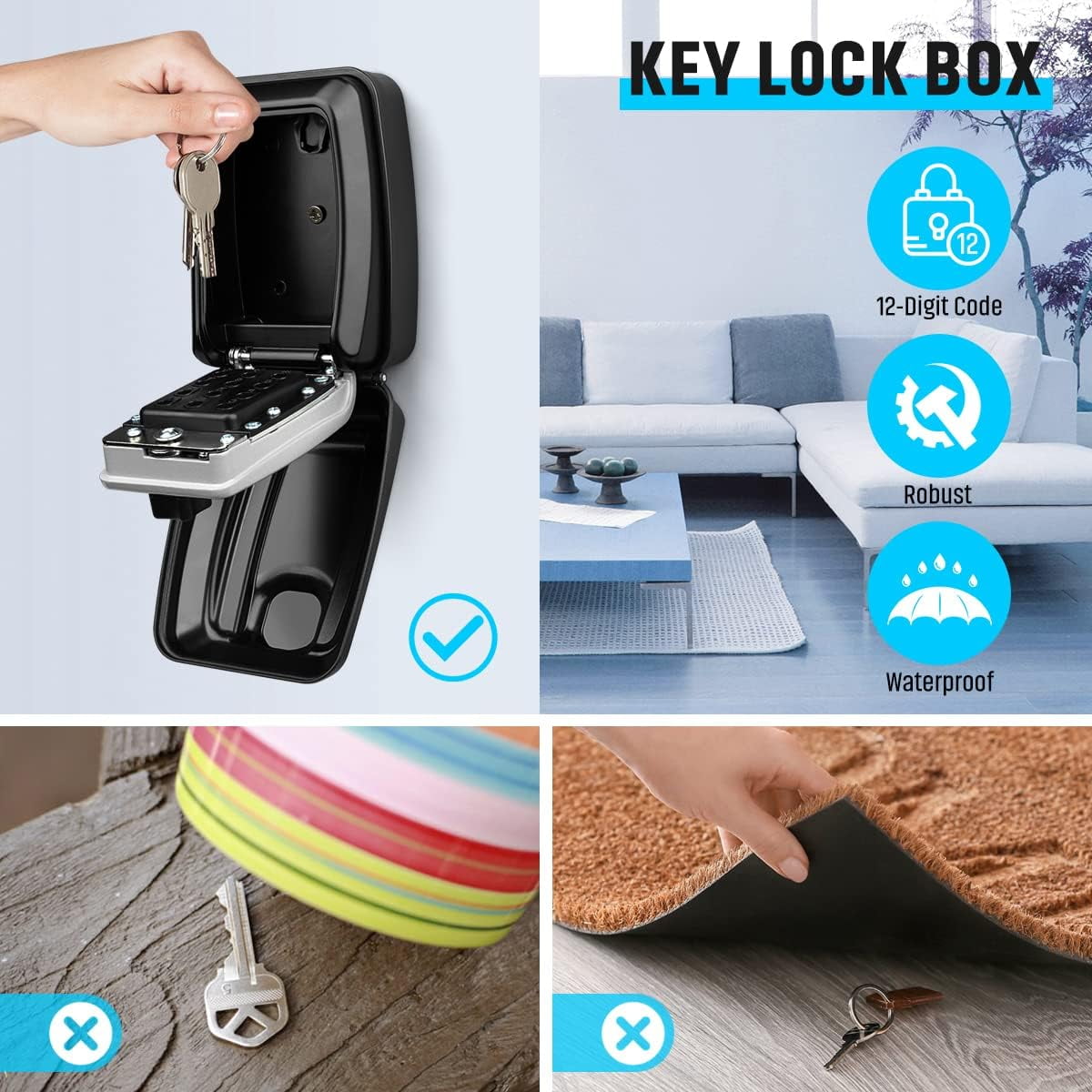 Key Lock Box for Outside, Waterproof Wall Mount Key Lock Box for House Key, 12-Digit Combination Resettable Large Capacity Security Lockbox for Home, Garage, Office, Gray