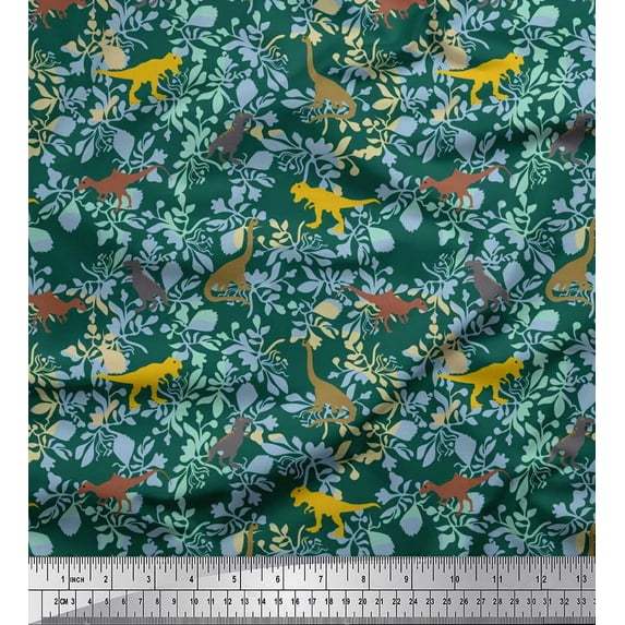 Soimoi Modal Satin Fabric Leaves & Dinosaur Jungle Decor Fabric Printed Yard 42 Inch Wide