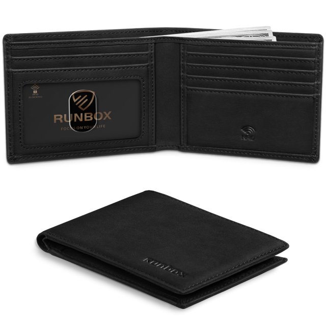 Cartera RUNBOX para hombre, delgada, de piel, plegable, con bloqueo RFID