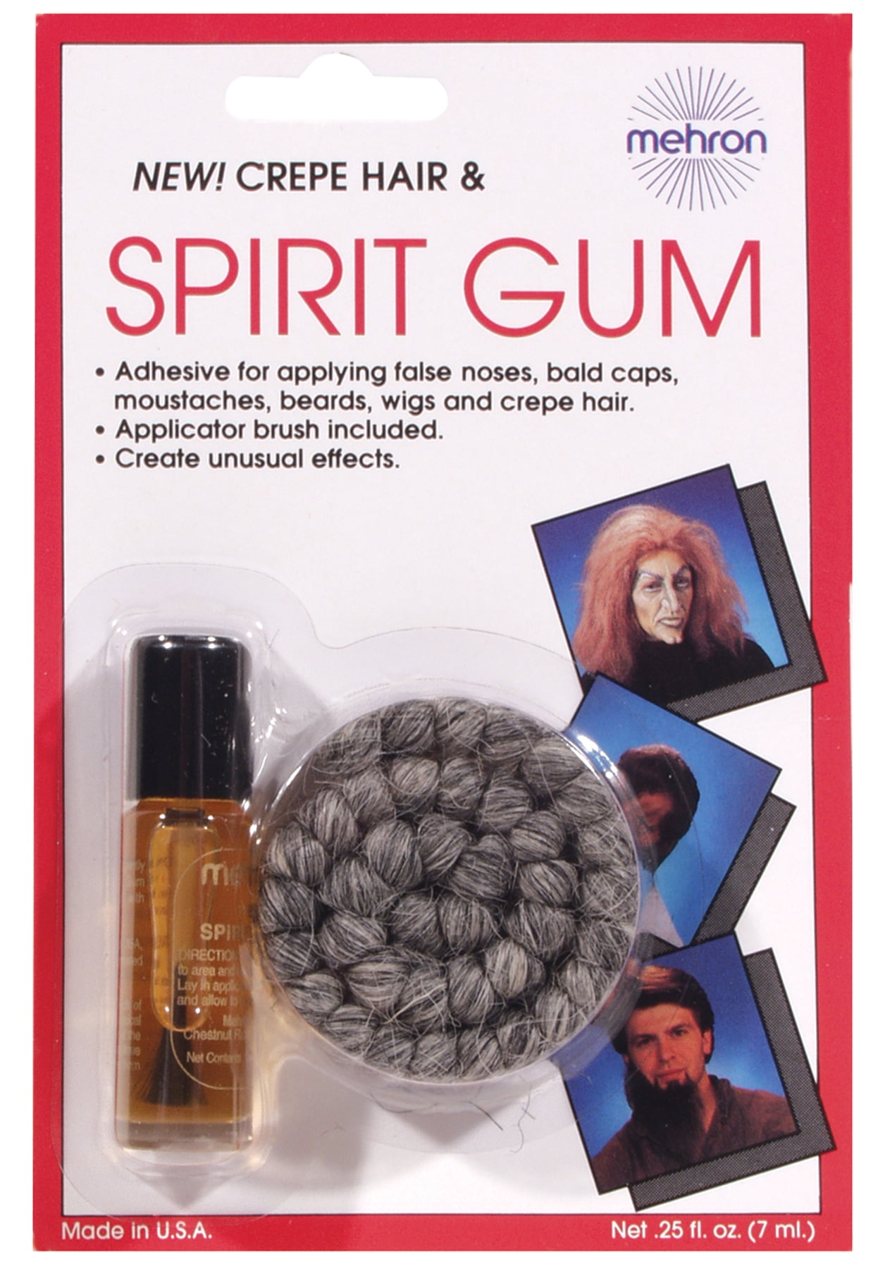 Mehron Spirit Gum With Crepe Hair 2pc .125oz Special Effects Kit, Grey