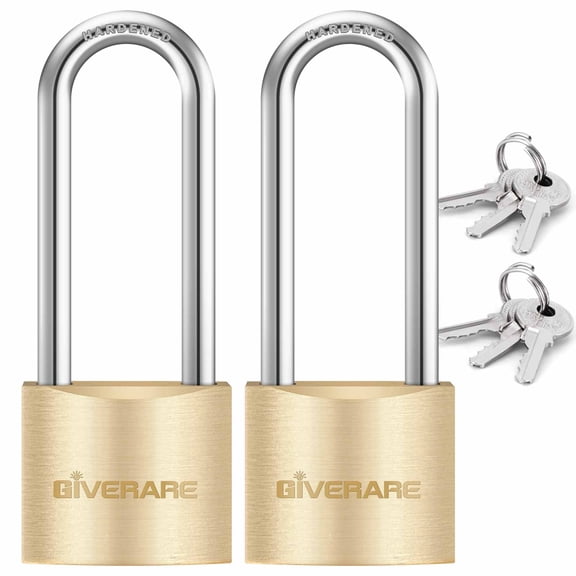 2 PACK Keyed Locks with Keys, Extra Long 2-11/16" Shackle Solid Brass Copper Padlock, Small Travel Waterproof Lock with 38MM Wide Body for Warehouse, Tool Box, Hasp, Gym, Locker, Sheds-Golden