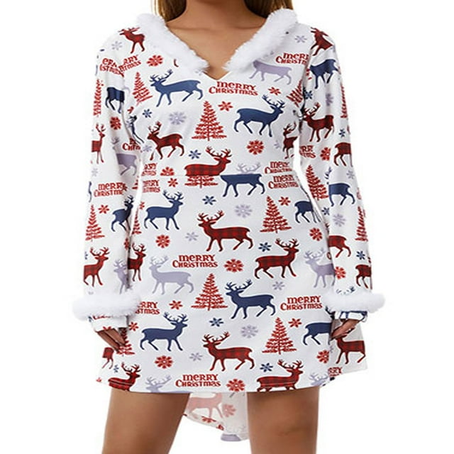 PENGXIANG Robe de Noël pour Femmes Manches Longues en Peluche Col en V Robe Midi Décontractée de Fête