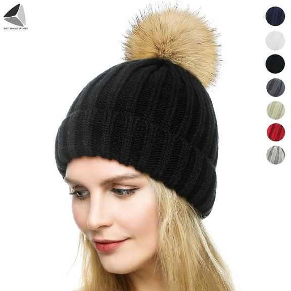 PULLIMORE Womens & Child Winter Warm Knitted Hats Thick Slouchy Beanie Cap with Pompom for Ski Snowball Fighting (Black, Adult)