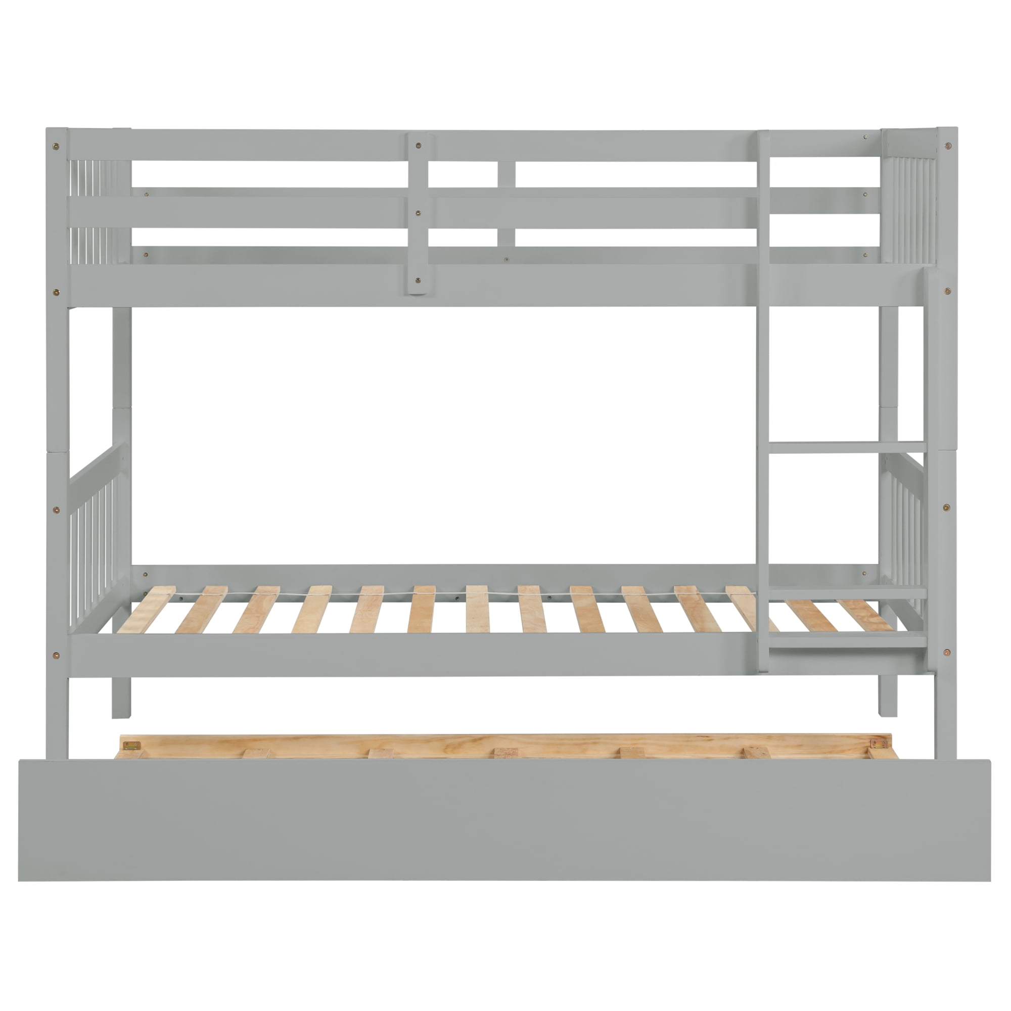 Leumius Twin over Twin Size Bunk Bed Frame with Trundle, Twin Size Bunk Bed with Ladder and Safety Guardrails for Boys Girls Grey