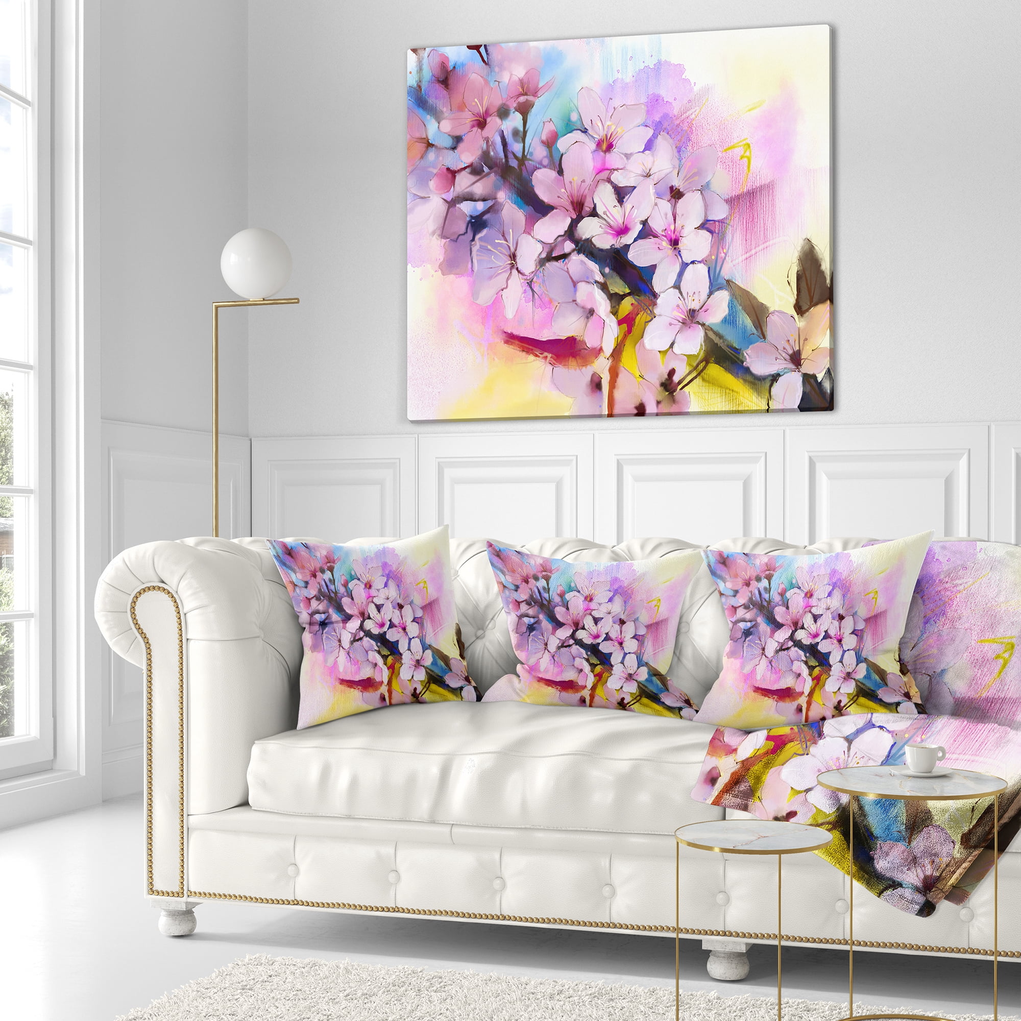Designart Japanese Cherry Blossoms Watercolor - Floral Throw Pillow - 18x18