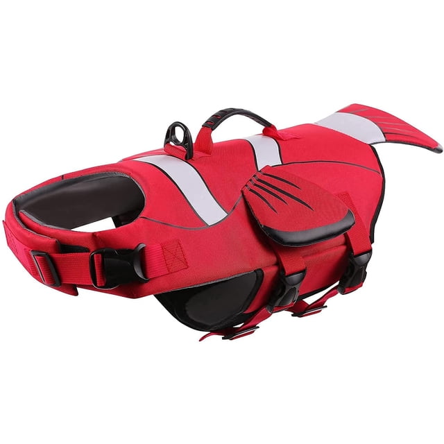 Dog Life Jacket with Handle, Adjustable Dog Life Vest for Swimming Boating, Doggie Safety Vest Floatation Preserver Lifesaver for Small Medium Large Dogs, Red, L
