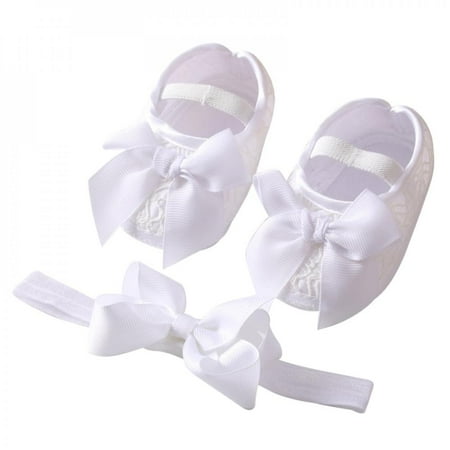 

Baby Girls First Walkers Newborn Shoes Cute Bowknot Infant Prewalker Soft Bottom Anti Slip Toddler Princess Shoes Headband Set