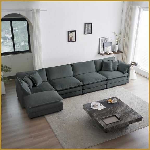 Modern Gray Chenille Modular Sectional Sofa - 5-Seater Convertible U-Shaped Couch with Ottoman for Living Room