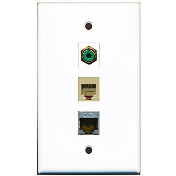 RiteAV - 1 Port RCA Green and 1 Port Phone RJ11 RJ12 Beige and 1 Port Shielded Cat6 Ethernet Wall Plate