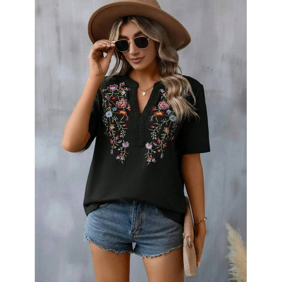 Women's Short Sleeve Shirts Lace Patchwork Blouse Embroid Tops