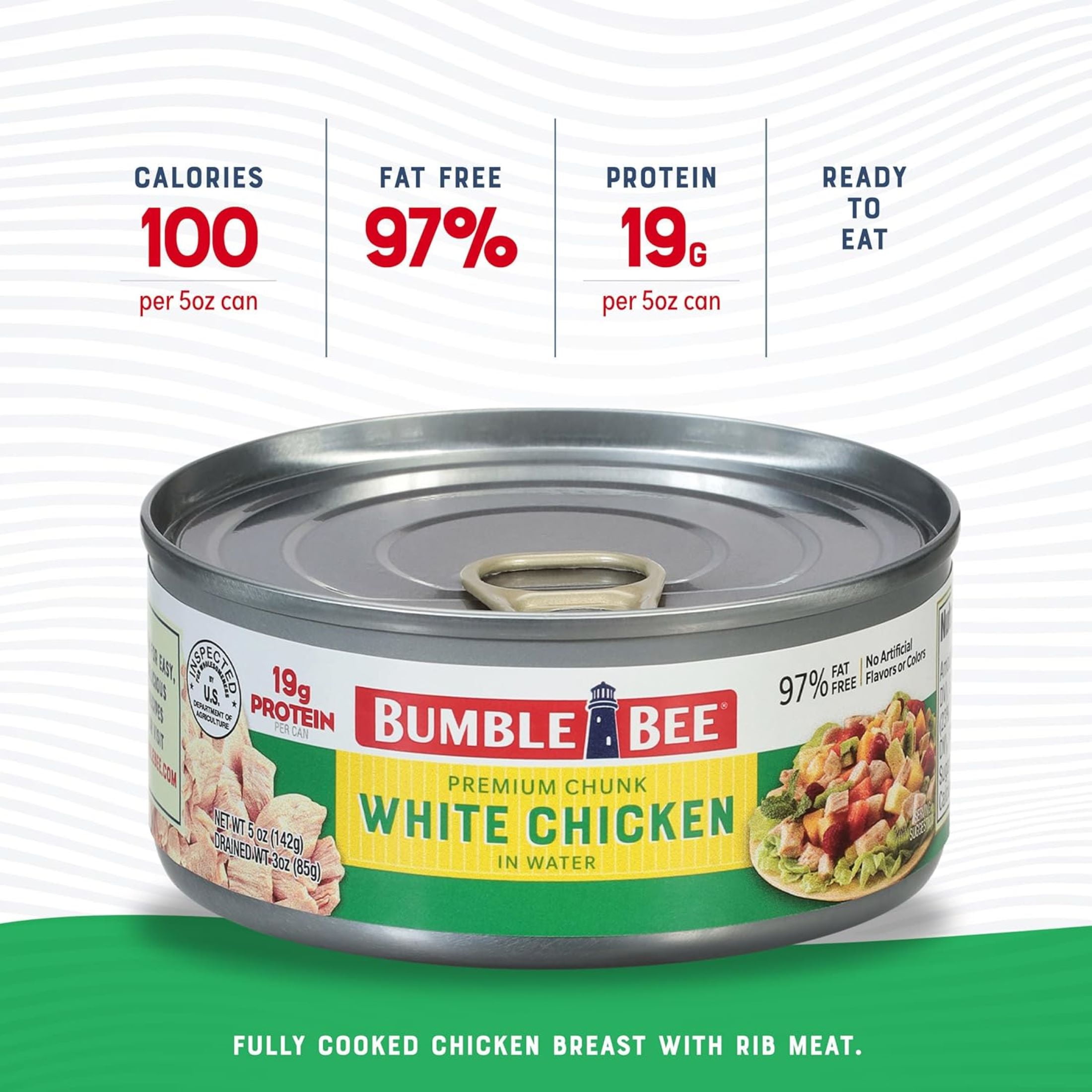 (2 pack) Bumble Bee Premium Chunk White Chicken in Water, 19g Protein per Serving, Gluten Free, Shelf Stable Can, 5 oz