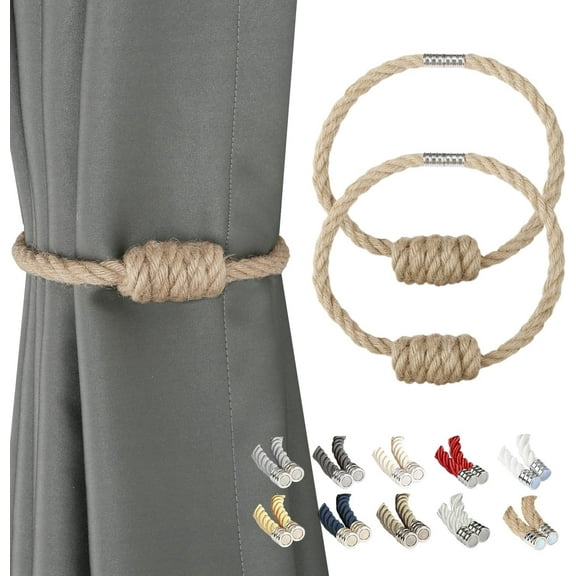 BEL AVENIR Magnetic Jute Curtain Tiebacks, Decorative Drapery Holdbacks Bohemian Style Woven Tie-Backs with Exquisite Knot (Jute, 2 Pack)