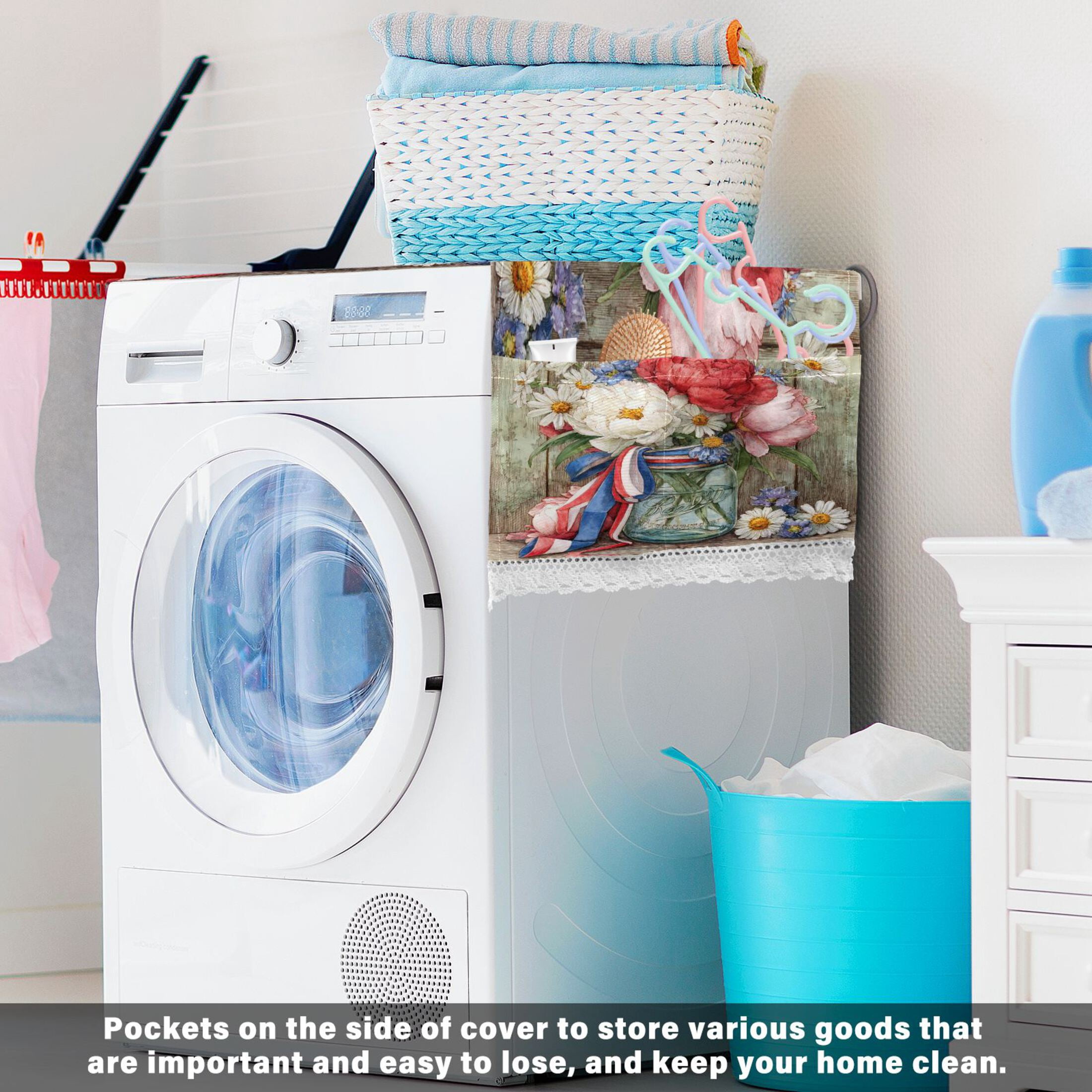 Wobogo Patriotic Floral Washing Machine Cover Dustproof Washer Dryer Cover Waterproof Laundry Room Decorative Protector
