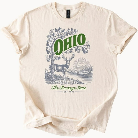 Kiraa Tee with Ohio Graphic T Shirt Buckeye State Deer Nature Scene Sunrise Tree Landscape Outdoors Ohio Wildlife Tee Est 1803 Ohio Souvenir Shirt Birthday Gifts; For Men & Women