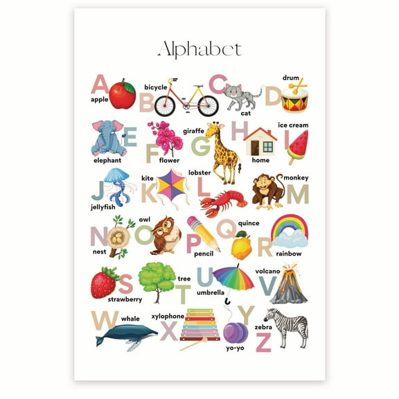 Bliss Monkey Co. Alphabet With Letter Examples Poster - Early Learning Classroom Posters - PreK Kindergarten - 12 x 18 Inch Poster - Unframed - Premium 100lb Gloss - Made In USA - BMCP027