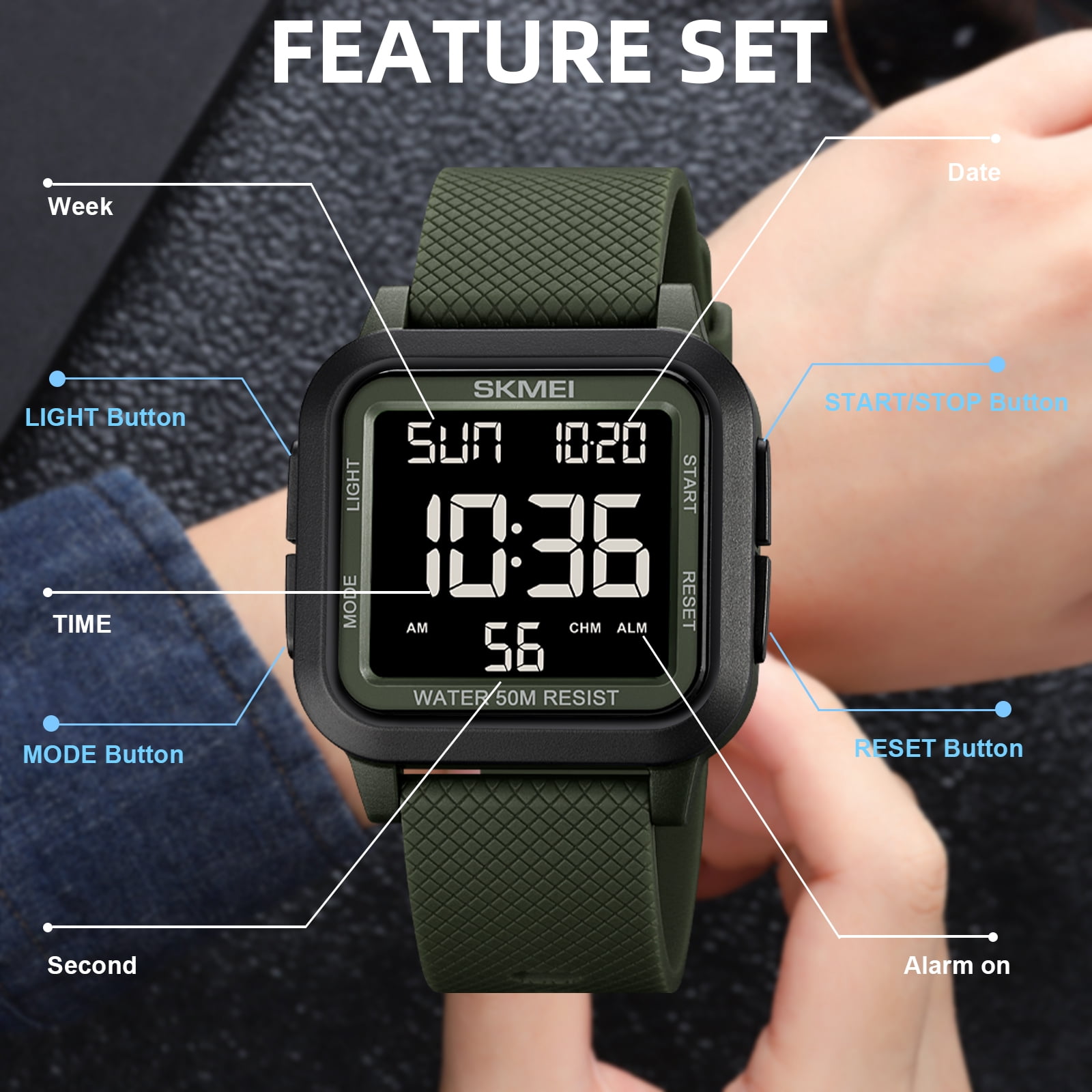 SKMEI Men Digital Sports Watch Ultra-Thin Large Face Waterproof Wrist Watches for Men with Stopwatch Countdown Timer Alarm Function Dual Time LED Back Light