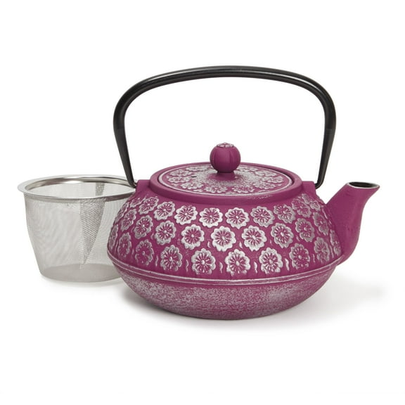 Juvale Cast Iron Tea Kettle with Infuser - Stovetop Brewing & Heat Retention - Floral Purple Cast Iron Teapot - Built-In Loose-Leaf Tea Infuser Pot - 34 oz, Medium